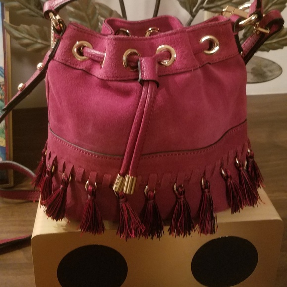 MILLY BURGUNDY TASSEL FRINGE MINI SUEDE BUCKET BAG - Picture 2 of 8